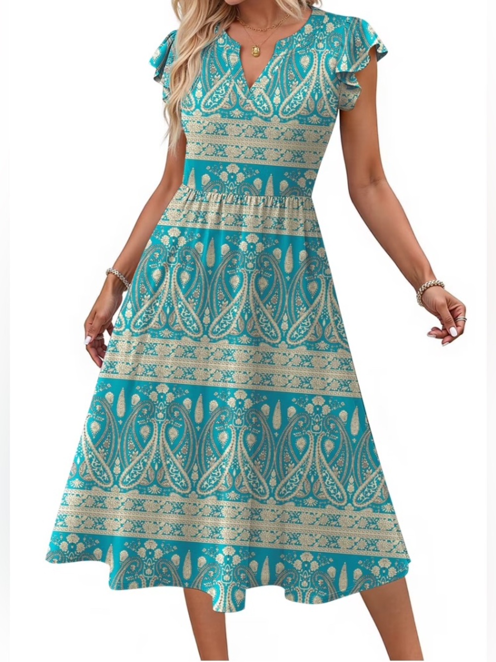Fantaslook Summer Midi  Dress Floral Paisley Ruffle Sleeve V Neck Small